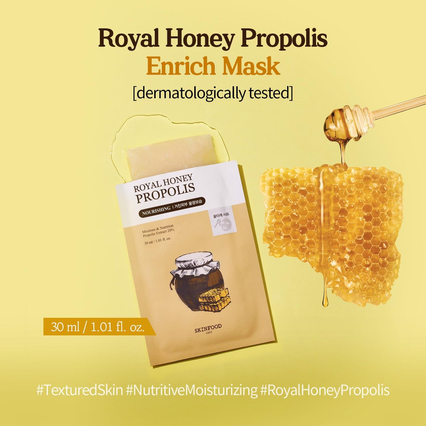 SKINFOOD Royal Honey Mask10ea Set - Bee Propolis Extract, Royal Honey Extract, Intensely nourishes and hydrates tired and dull skin 9.1fl.oz, 270ml