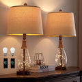 2 in 1 Bedside Table Lamps Set of 2 — Farmhouse Glass Lamp with Wood-Like Base, USB-A/C, Teardrop Glass