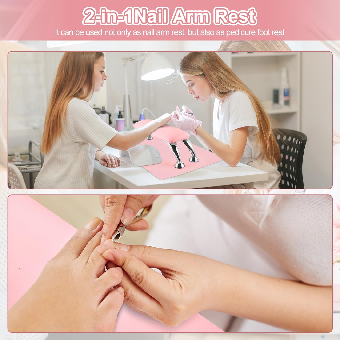 Big Arm Rest for Nails Cushion, Microfiber Leather Nail Arm Rest, Soft Hand Rest for Nails Toenails, Removable Nail Hand Rest with Installation Tools and Manicure Tools (Pink)