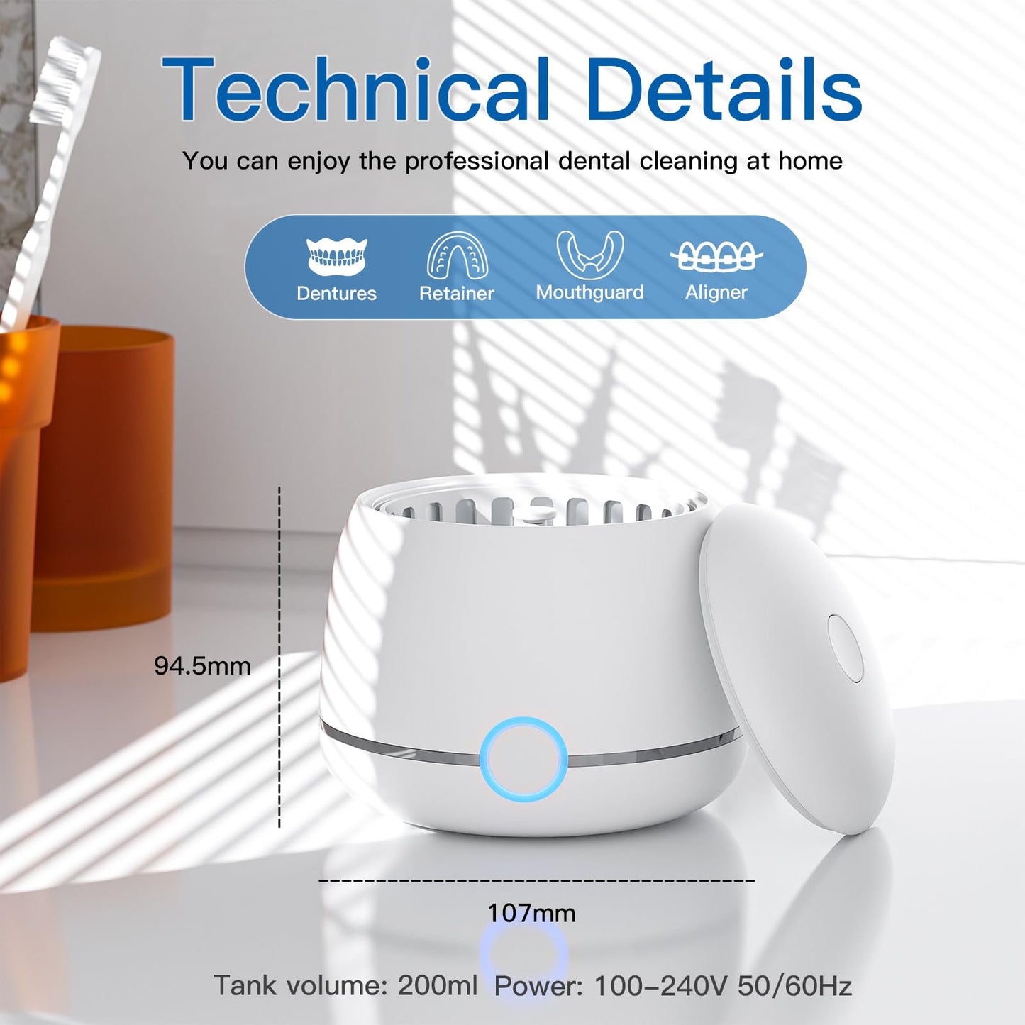 Midomi Ultrasonic Retainer Cleaner, 45kHz Denture Cleaner Machine, 5min and 10min Modes with Rechargable Top Cover, 200ml Dental Cleaning Pod, MouthGuard Cleaner for Aligner NightGuard Jewelry(White)