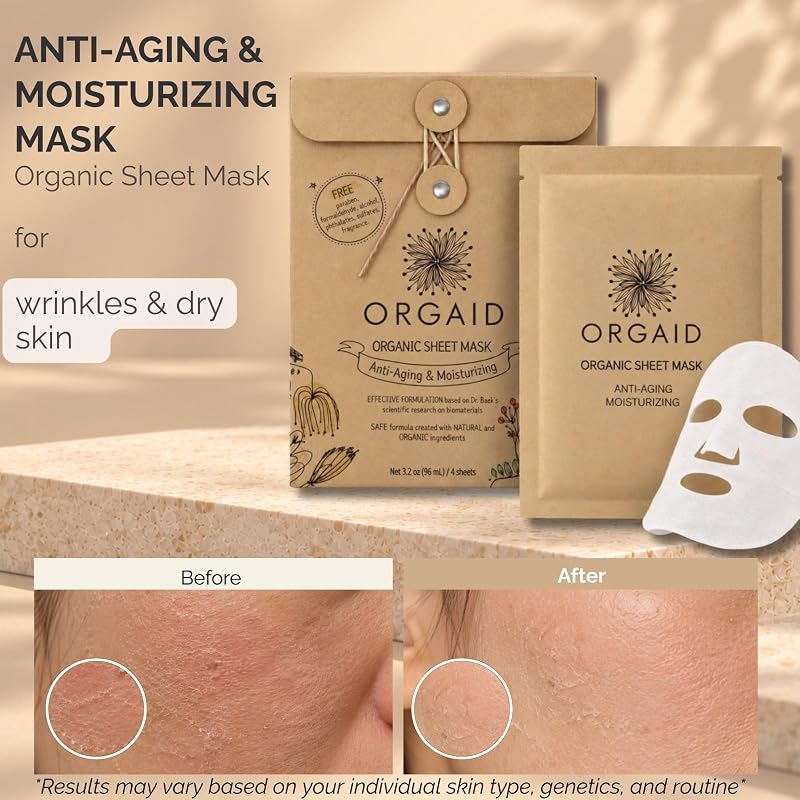 Organic Sheet Mask - Anti-Aging & Moisturizing, 4-Pack, Made in USA