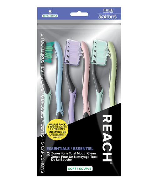 Reach Essentials Toothbrush with Toothbrush Caps, Multi-Zoned Angled Soft Bristles, Contoured Handle, Tongue Scraper, 6 Count