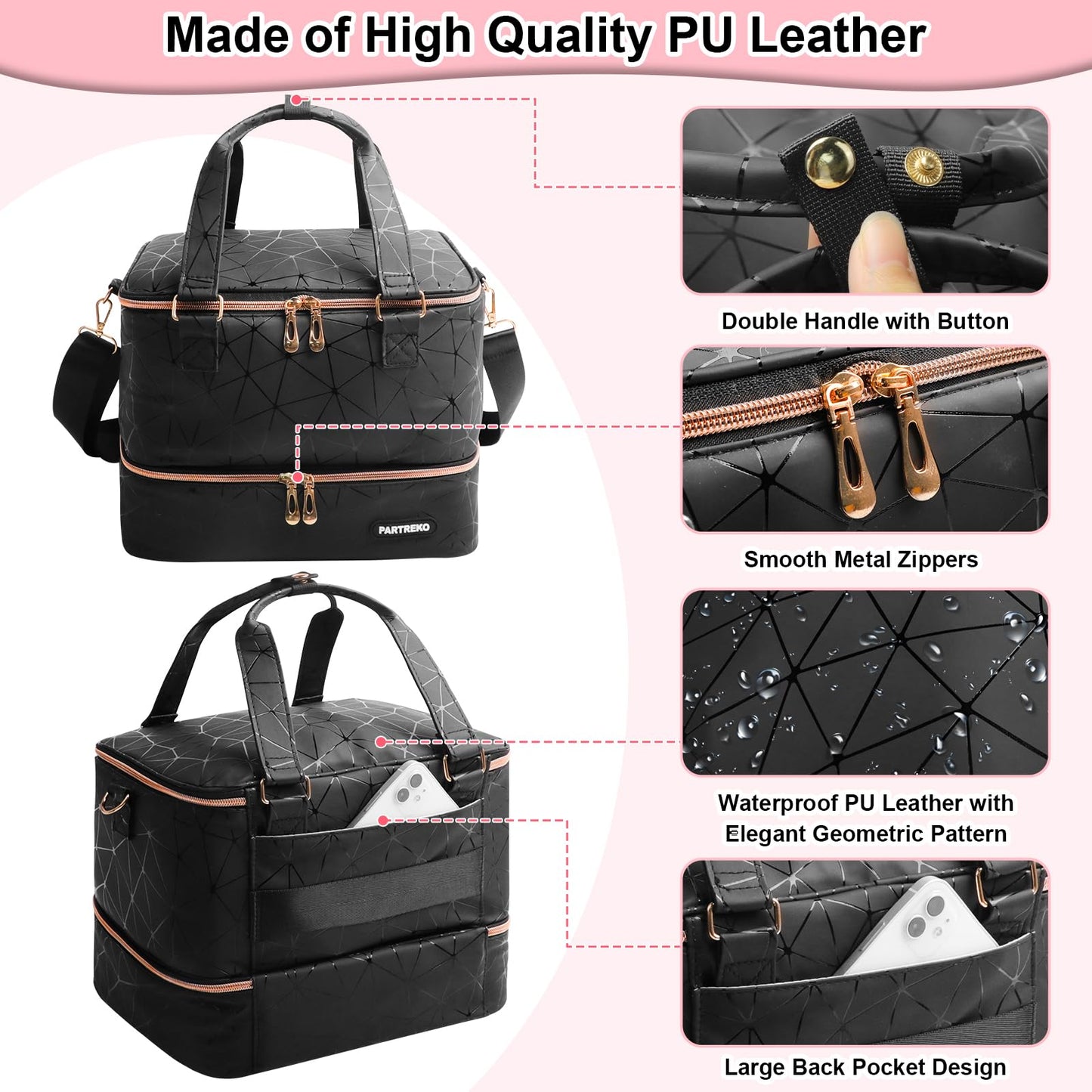 Partreko Large Nail Polish Organizer Fits 54 Bottles (15ml-0.5 fl.oz)& Nail Lamp, Double Layer Nail Supplies Organizer Bag with Holder Strip, PU Leather Nail Kit Storage Travel Case for Women (Black)