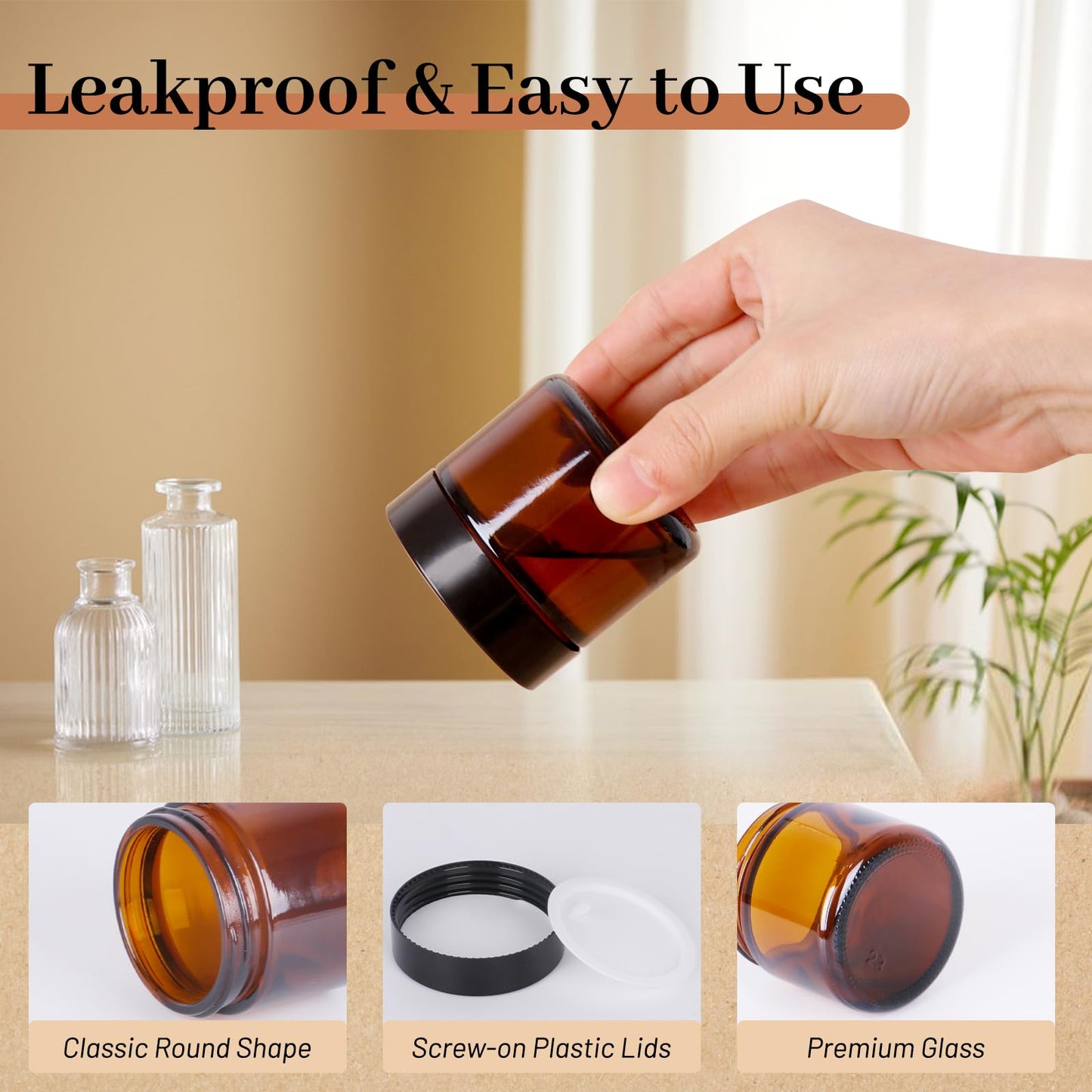 2oz Amber Glass Jars with Lids 24Pack- 2 oz Airtight Small Jars with Lids&Stickers for Cosmetics, Body Butter, Candle Making (2fl.oz-24Pack)