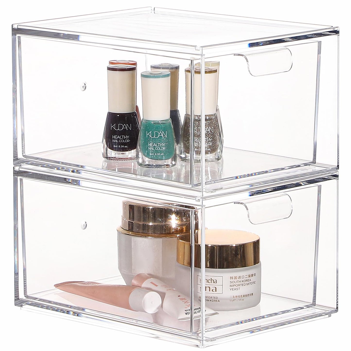 Cq acrylic Stackable Storage Drawers Set of 2,Under Cabinet Stackable Bins and Pull out Drawers Storage Container,4.4'' Tall Clear Plastic Organizer Bins for Makeup,Beauty Product,Machine Organizing