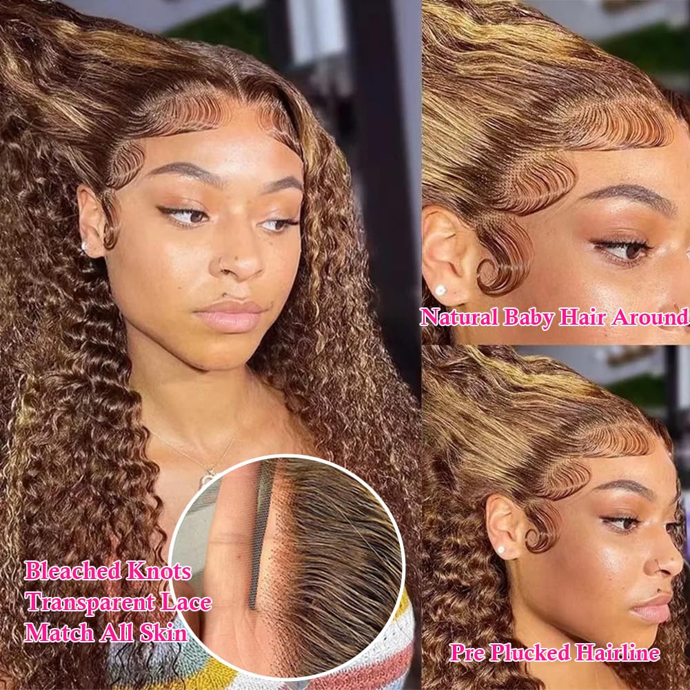 Pizazz 4/27 Highlight Lace Front Wigs Human Hair Pre Plucked Bleached Knots 12A 180 Density 13x4 HD Ombre Honey Blonde Deep Wave Human Hair Wigs with Baby Hair(26 Inch, Brown mix gloden color)