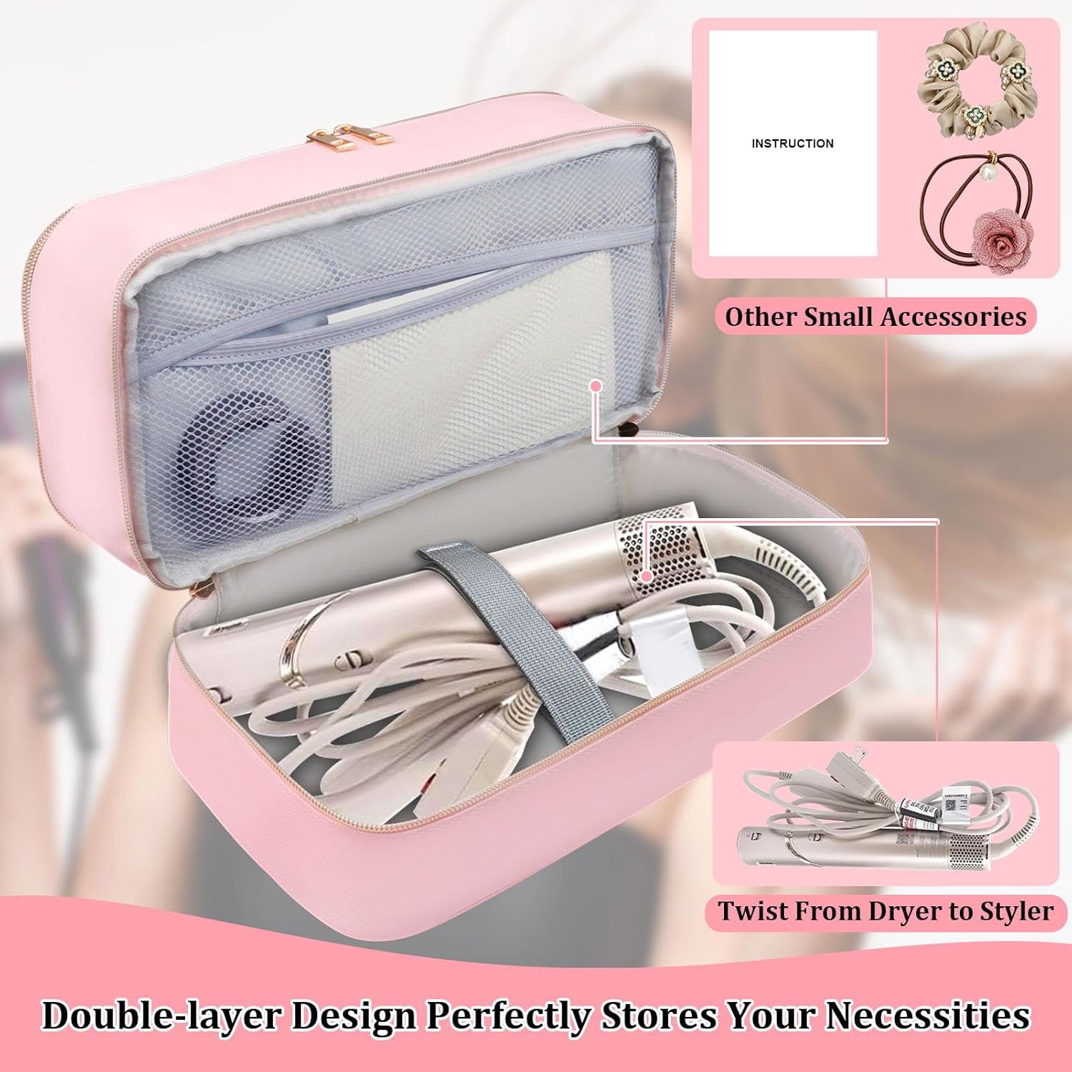 Shark Flex Style Travel Case - Double Layer Waterproof Organizer for Hair Dryer Attachments (Dianthus White)