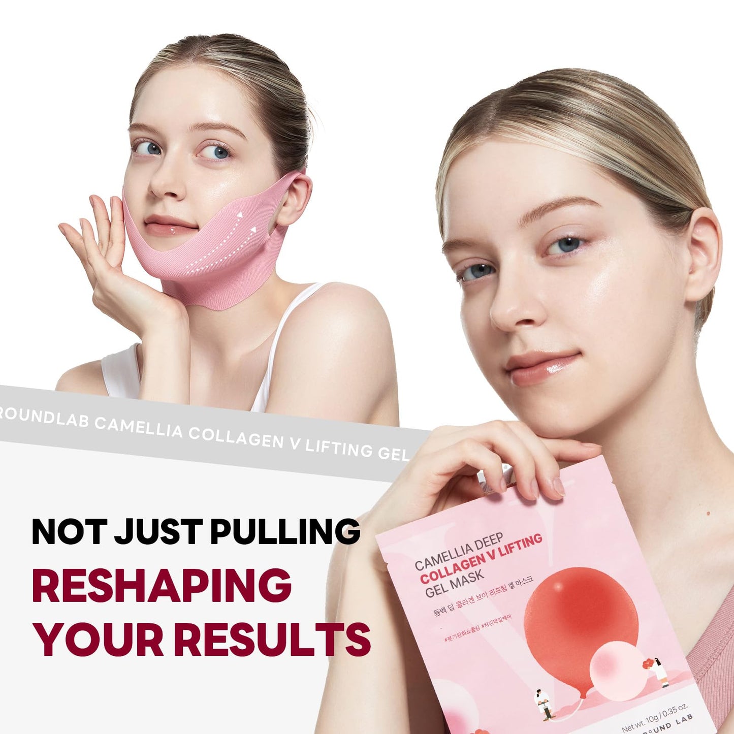 ROUND LAB Camellia Deep Collagen V Lifting Gel Mask 4EA | Double-chin Mask, Instant Cooling & Depuffing, Face Toning Belt, Collagen V-line, Improves Sagging Skin, Lifting & Firming 10g/0.35oz