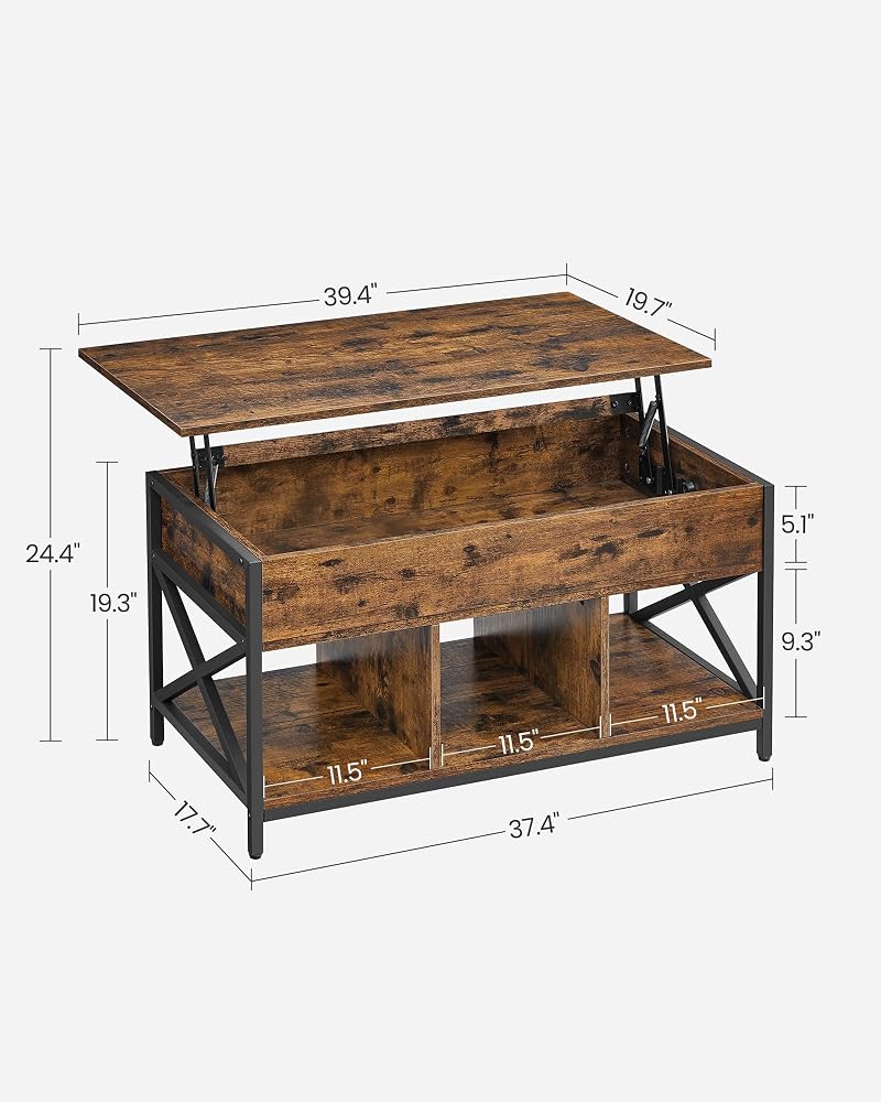 Lift-Top Coffee Table with Storage - Rustic Brown + Black, 39.4"W x 19.7"D, 3 Compartments