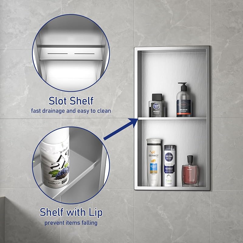 Brushed Stainless Steel Shower Niche 24" x 12" with 2-Tier Shelf (Variation: Brushed+24" x 12")