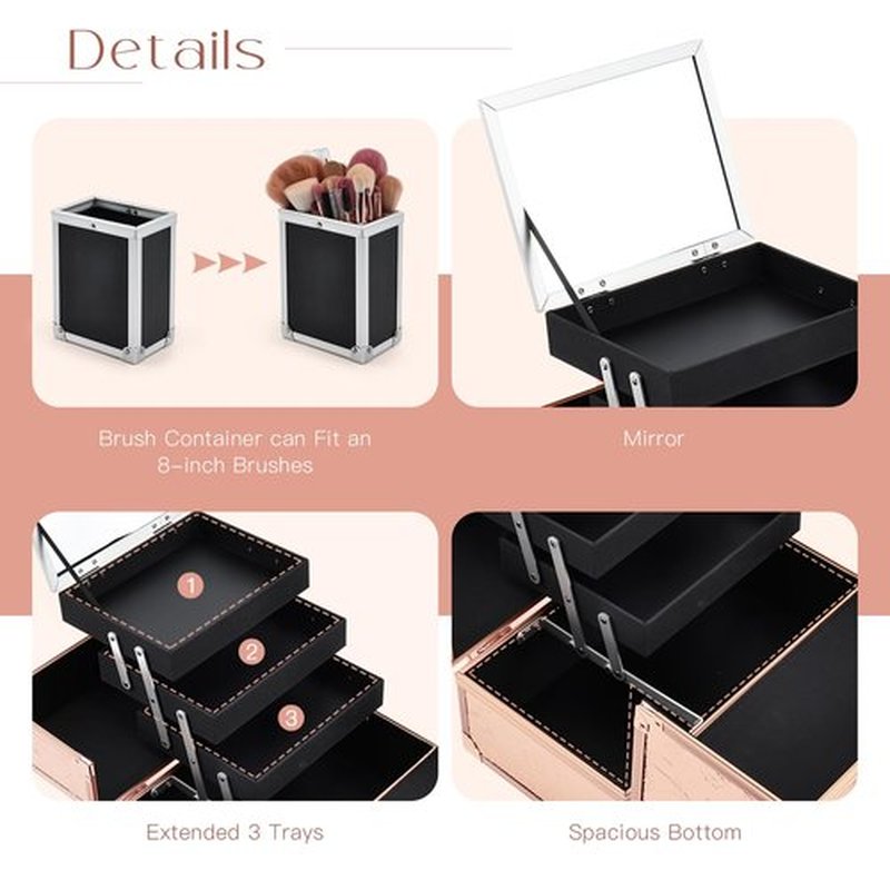 FRENESSA Makeup Train Case 11.8 Inch Extra Large Makeup Organizer Case 3 Trays with Mirror Cosmetic Travel Storage Box for Makeup Artist Nail Art Tech Sewing Supplies Travel Case Rose Gold Floral