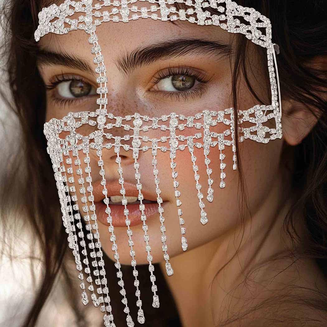 Fdesigner 1920s Rhinestone Masquerade Mask Costume Headpieces Flapper Face Cover Head Chain Jewelry for Women (Silver-Unique)
