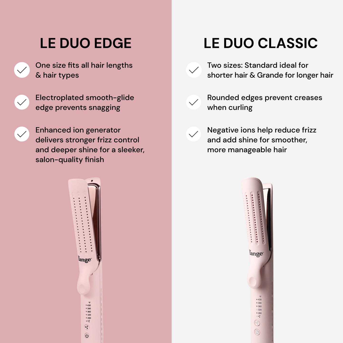 L'ANGE HAIR Le Duo Edge 360° Airflow Titanium Styler Blush | 2-in-1 Flat Iron Straightener & Curling Iron | 1” Wide Titanium Plates with Rounded Corners & Softly Beveled Edges (Blush)