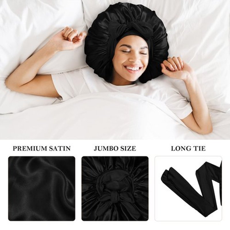 3Pcs Bonnet Silk Bonnet for Sleeping, Extra Large Satin Bonnet for Sleeping Hair Bonnets for Sleeping Black Curly Hair Women Jumbo Bonnet with Tie Band Braids Shower Cap