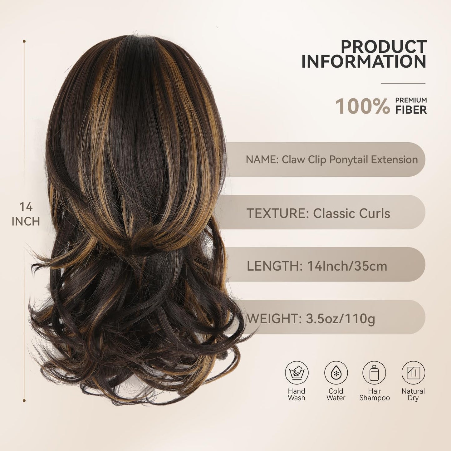 Clip on Ponytails for Women - 14 Inch Curly Ponytail Extension, Wavy Pony Tails Hair Extensions, Synthetic Hair Extensions Ponytail, Clip in Ponytail (Color: Dark Brown with Honey Blonde Highlights)