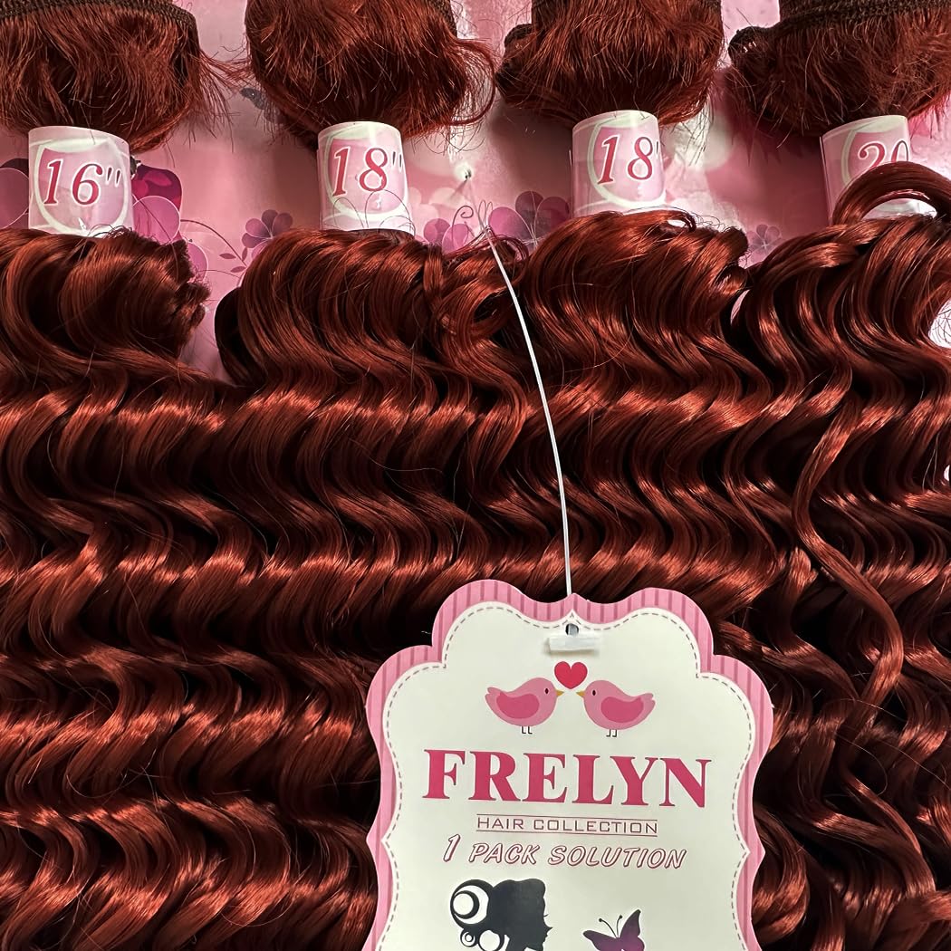 FRELYN Deep Wave Curly Synthetic Hair Weave Bundles - Black, 16-20 Inches, 4 Pack