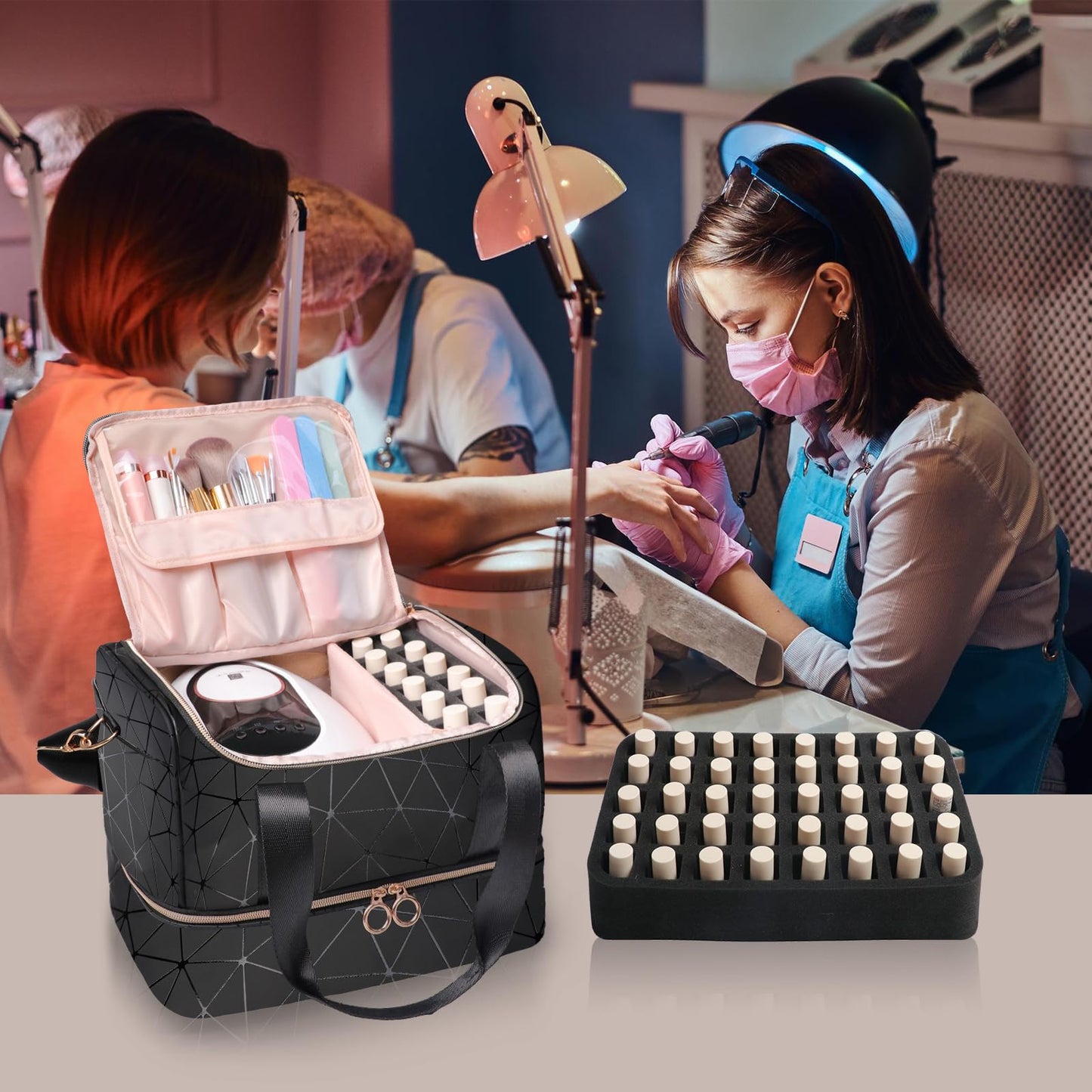 Partreko Nail Polish Organizer Holds 50 Bottles (15ml/0.5 fl.oz)& Nail Lamp, PU Leather Nail Organizers and Storage Bag with Shoulder Strap, Portable Nail Supplies Kit Organizer Carrying Case (Black)