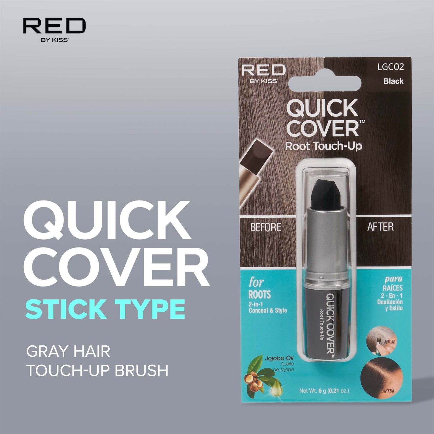 RED by Kiss Quick Cover Root Touch Up Stick, Water-Resistant Temporary Gray Hair Concealer with Brush for Roots and Beard, Long-Lasting Coverage, Easy Application (2 Pack, Black)