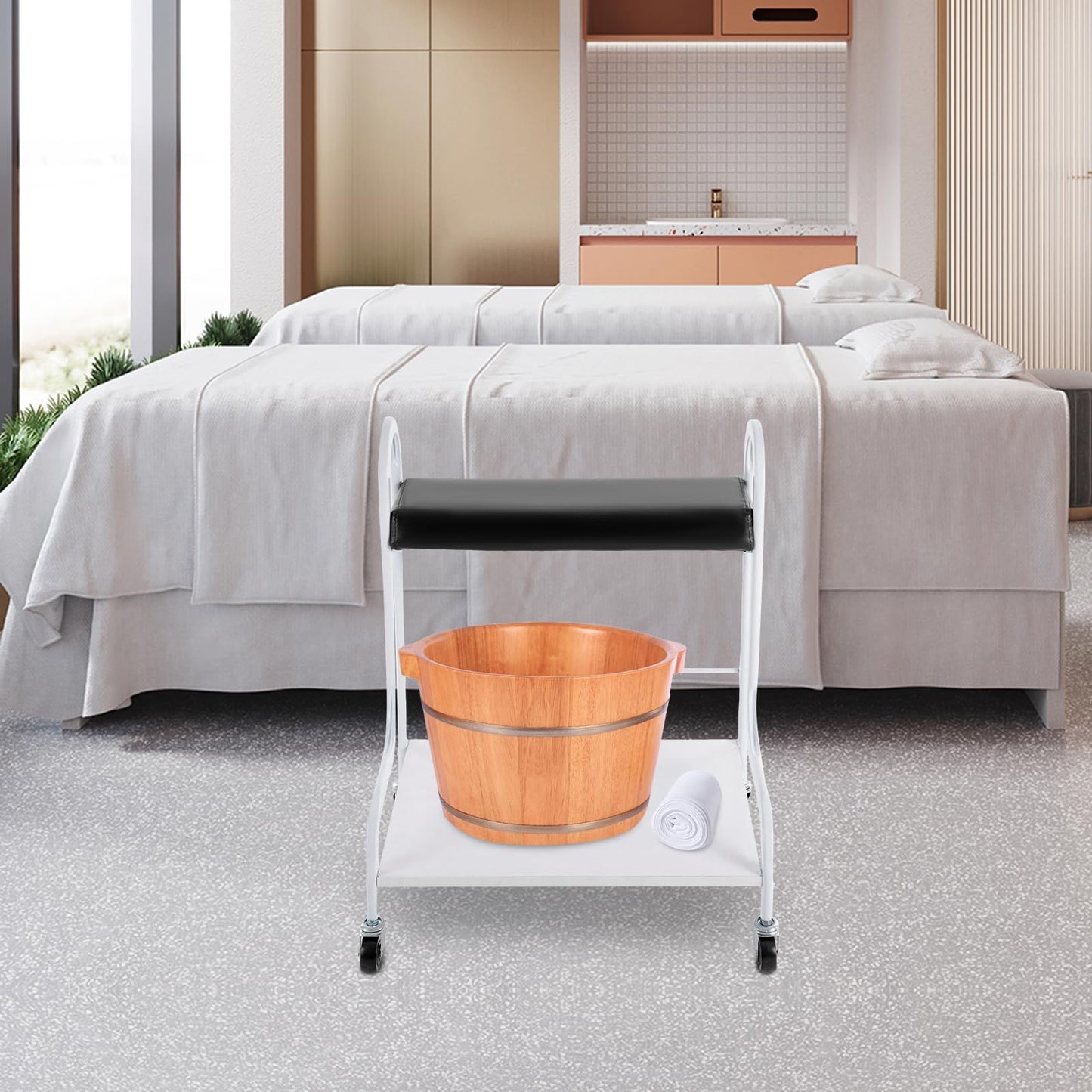 Pedicure Cart, Black Portable Trolley Cart Storage,Beauty Salon Nail Foot Rest Pedicure Stand with Wheels, Manicure Footrest Stool Foot Massage Station Stand for SPA Salon (Black)