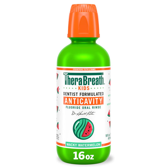 TheraBreath Kids Organic Wacky Watermelon Mouthwash with Fluoride, Anticavity, Dentist Formulated, 16 Fl Oz