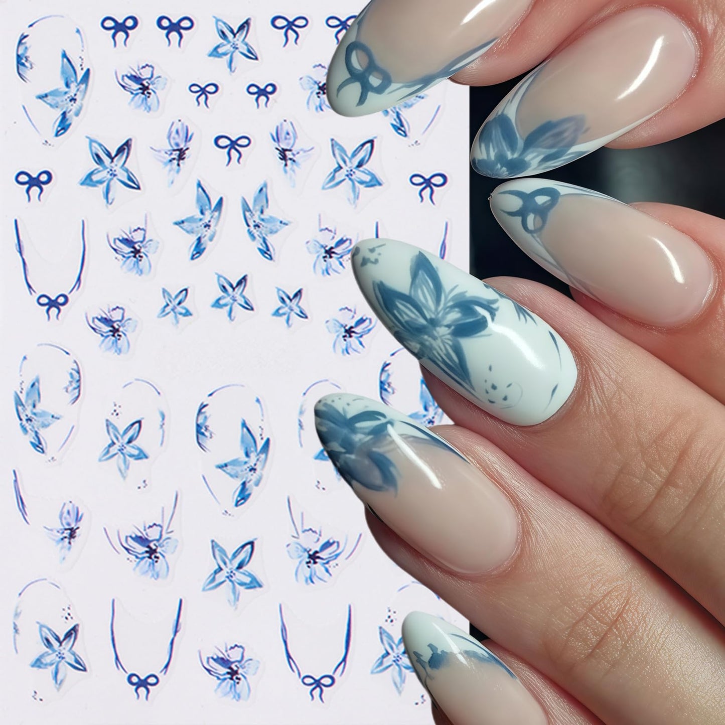 8Sheets Flower Nail Stickers for Nail Art Blue Bow French Line Nail Decals 3D Self-Adhesive Butterfly Leaf Floral Designs Nail Supplies Manicure Accessories for Spring Summer DIY Nails Art Decoration