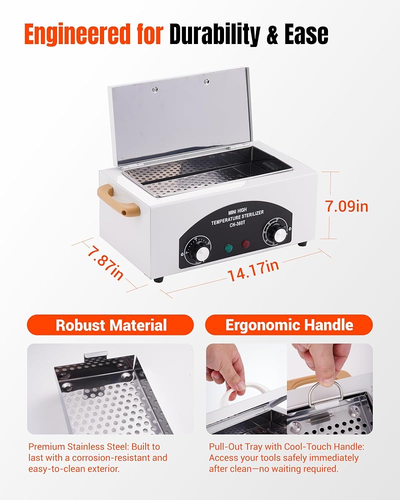 White High-Temp Nail Tool Cleaning Box, 1.5L, 110V/300W with Adjustable Timer