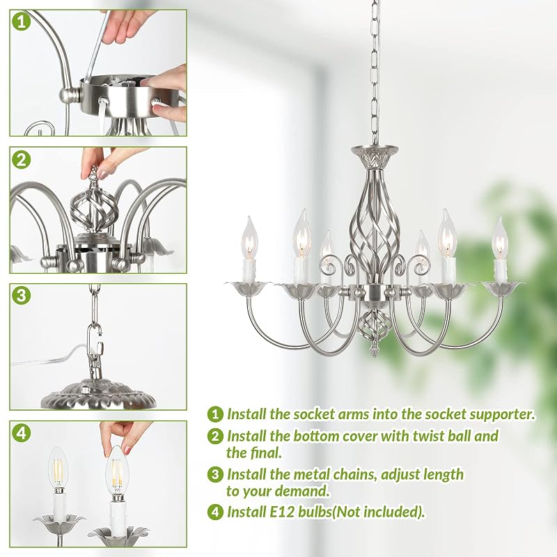 VerRon 6-Light Farmhouse Candle Chandelier - Brushed Nickel + 22" Chain