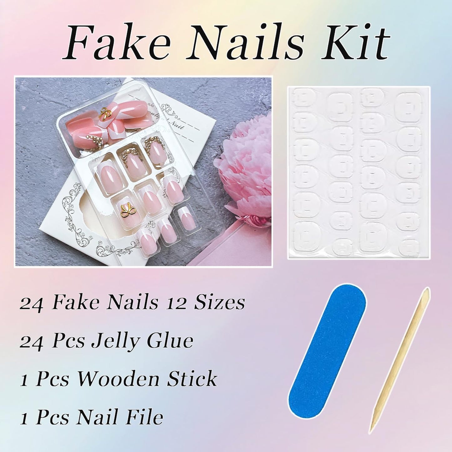 24Pcs White French Tip Press on Nails Short Square Fake Nails with Rhinestones Designs Glue on Nails Gold Bow Acrylic Nails Full Cover French False Nails Diamond Stick on Nails for Women Nail Art