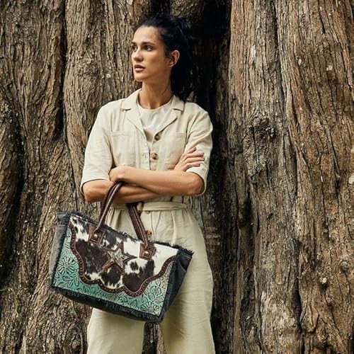 Myra Bag Cowgirl Purses for Women - Cowhide Bag with Leather Strap and Paisley Pattern, Cow Print Western Purses for Women