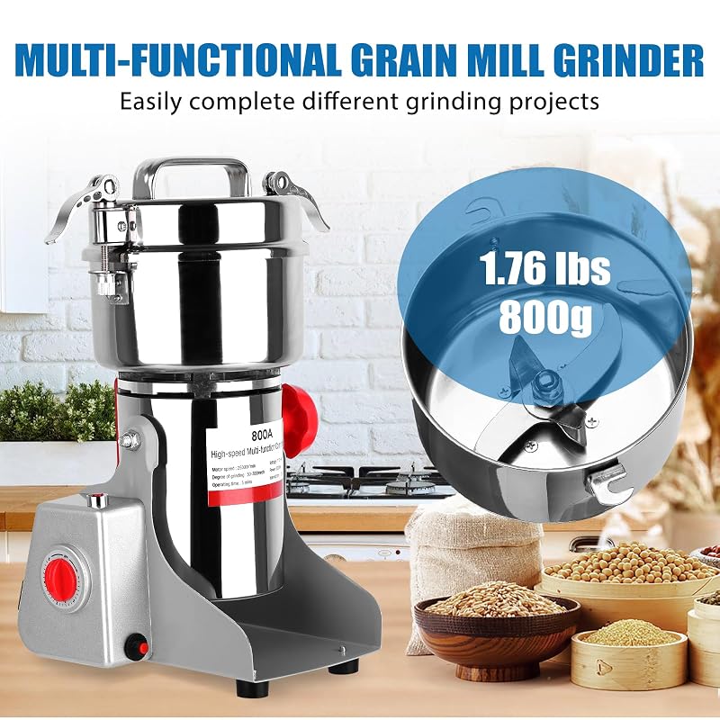 800g 3000W Electric Grain Mill Grinder for Dry Grains & Spices - Stainless Steel Home Use