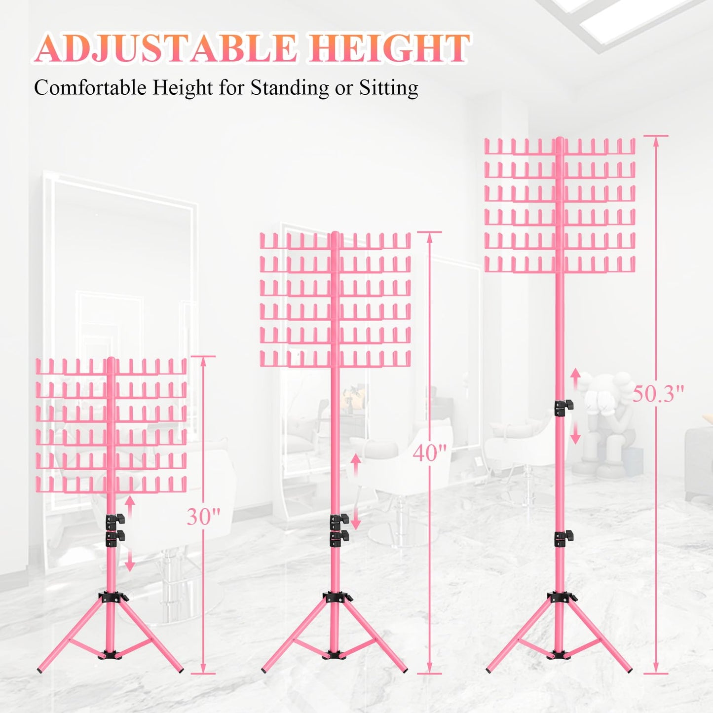 JANMPASK Braiding Hair Rack Height Adjustable 144 Pegs Braiding Rack Hair Extension Holder with Hair Braid Tools, Easy to Assemble (pink)