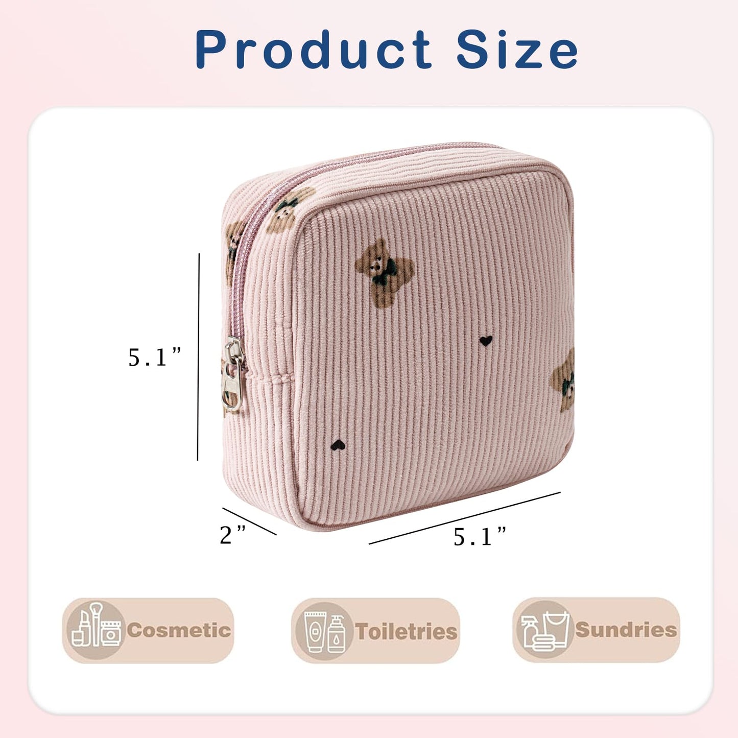 RSRSLEII Cute Mini Corduroy Zipper Makeup Bag for Purse, Coquette Aesthetic Pouch with Bear Pattern for Women Girls,Key Pocket Lipstick Bag Card Holder Data Cable Organizer(01Pink Bear)