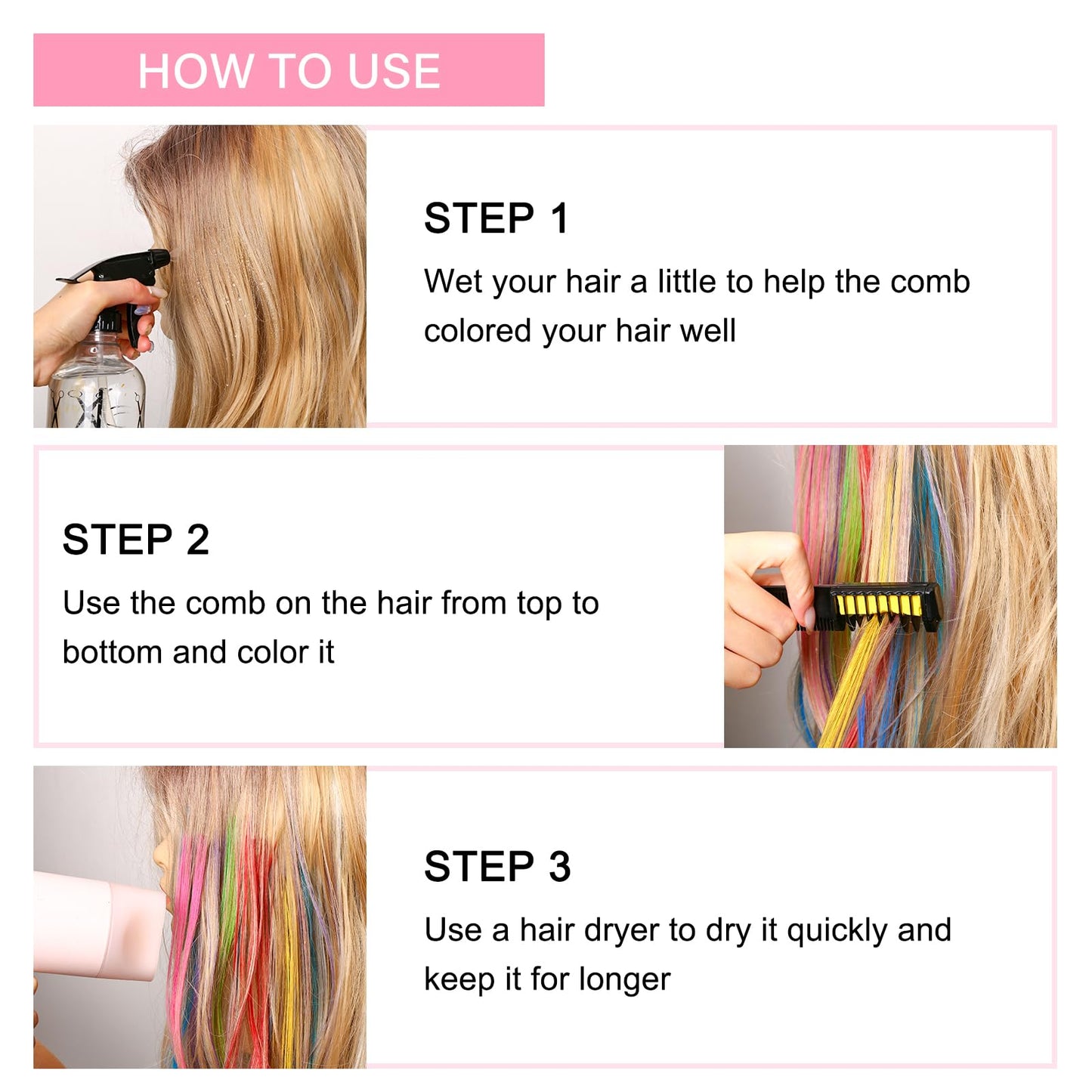 SPRINGSUGAR 6 PCS Hair Chalk Comb Set Temporary for Girls Kids Makeup Kit, Washable Hair Chalk for Christmas Gifts Toys Birthday Cosplay Festivals Hair DIY Party (Black+Green+Pink+Yellow+Purple+Red)