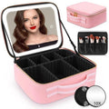 JXAUDEKK Large Capacity Travel Makeup Train Case with LED Mirror,Rechargeable LED Light for Makeup Cosmetic Case with Brushes Storage Organizer,Travel Box Cosmetic Bag for Women (pink)