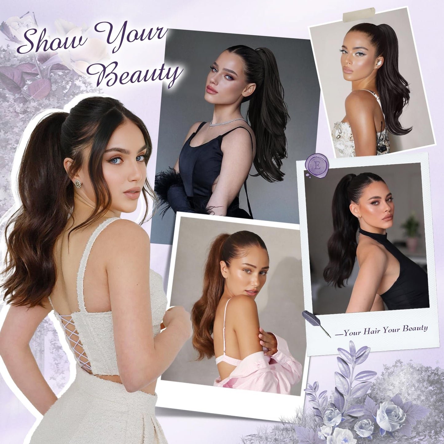 FESHFEN Drawstring Ponytail Extension, Natural Long Wavy Layered Synthetic Pony Tails Moss Brown Hair Extensions Hairpieces for Women, 20 inch