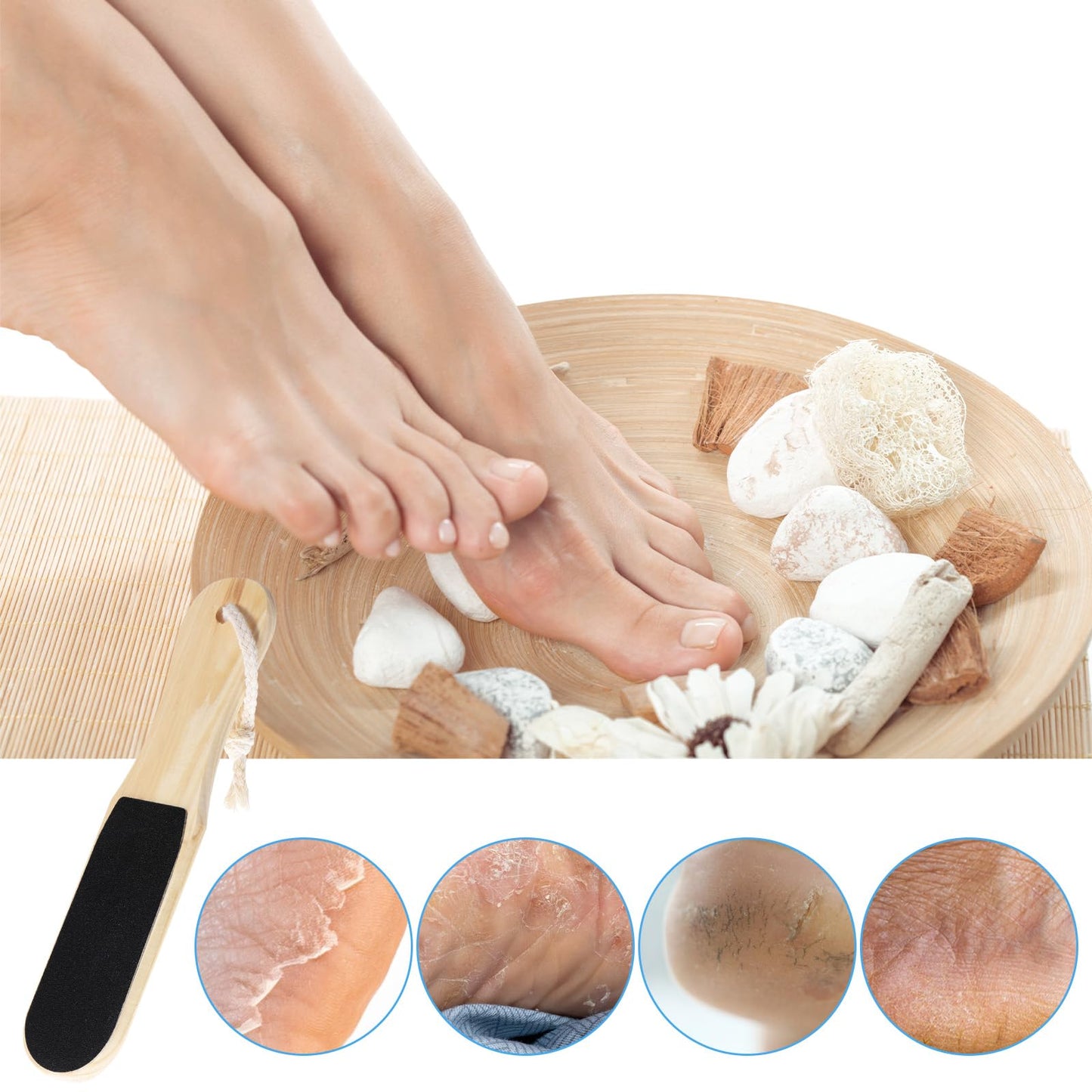 Piriuuo Wooden Heel Scraper for Feet, Foot File for Dead Skin Double-Sided Foot Scrubber with Bamboo Handle Professional Pedicure Tools for Callus, Dry, Hard Skin Removal