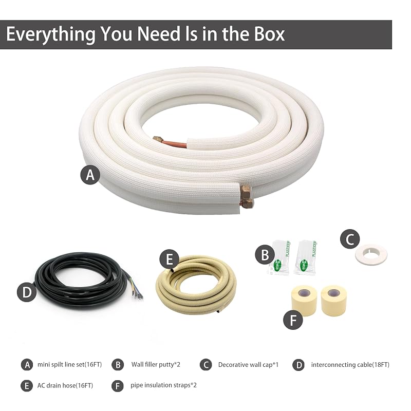 16FT 1/4+1/2 in. OD HVAC Copper Line Set with Wire, Thickened Insulation and Flared Nuts