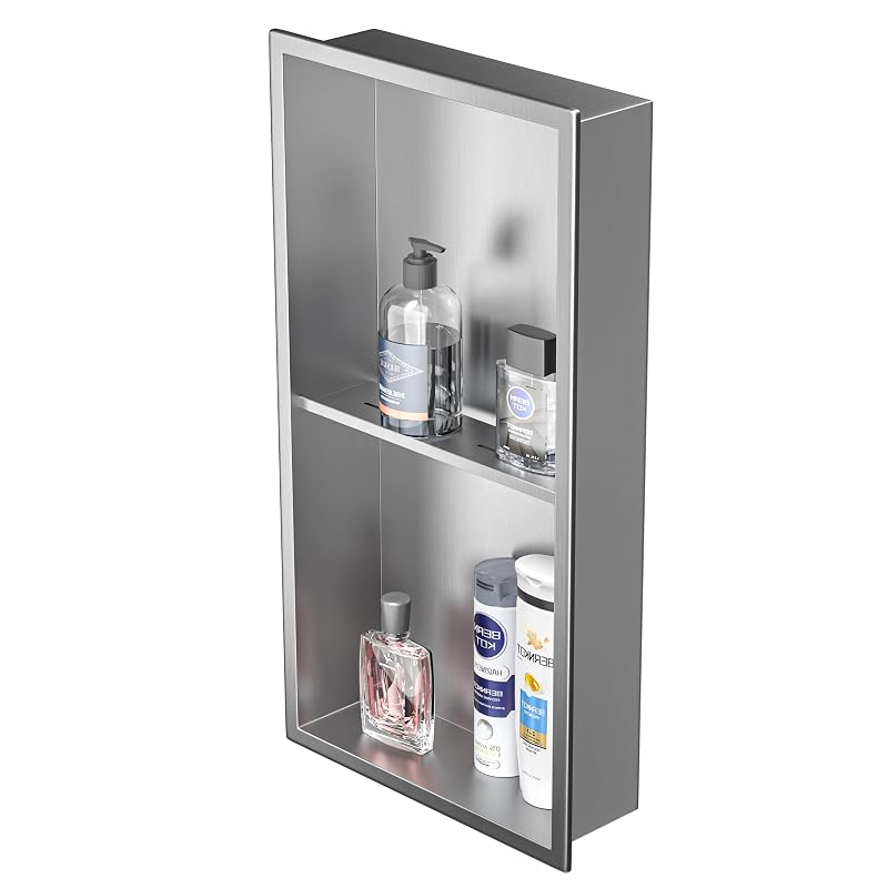 Brushed Stainless Steel Shower Niche 24" x 12" with 2-Tier Shelf (Variation: Brushed+24" x 12")
