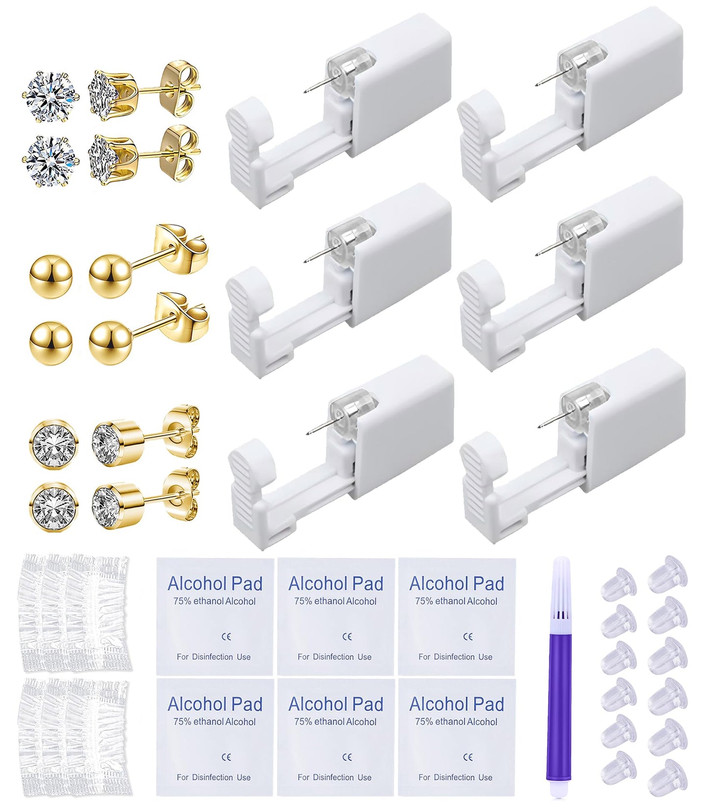 VitaCool 37 Pcs Ear Piercing Kit Disposable Ear Piercing Gun Kit with Sterile Multi-Sized CZ Earring Studs Easy and Safe Earring Self for Your Own Use at Home (3Mix-3mm-Gold-)