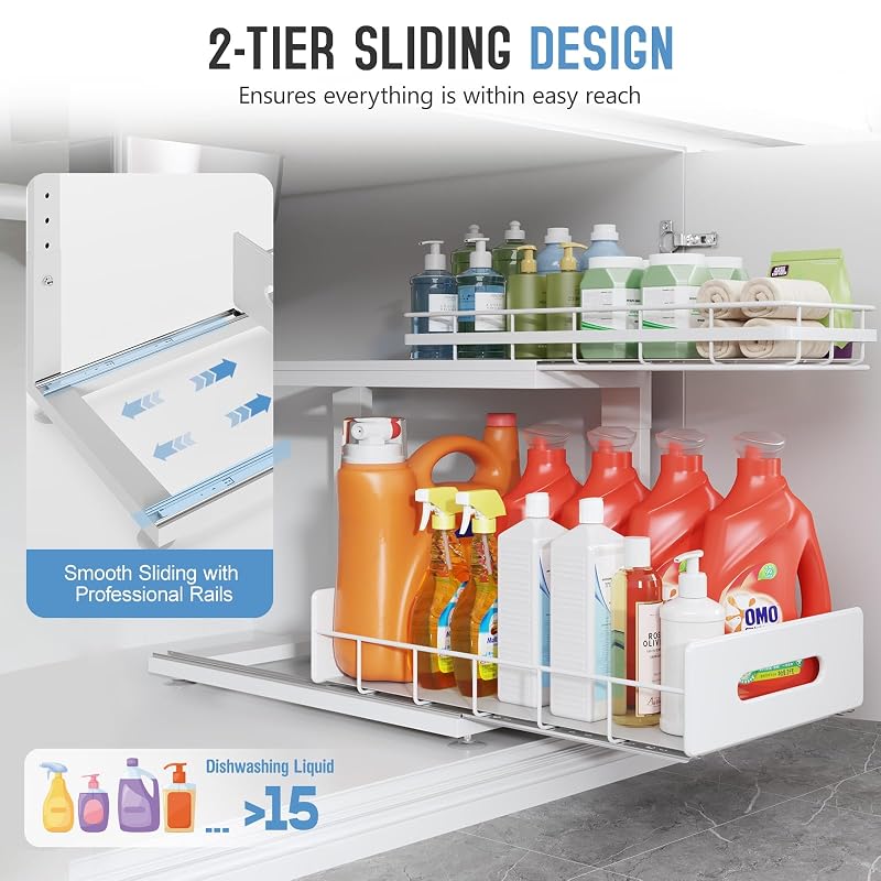 Under-Sink 2-Tier Pull-Out Organizer with Height-Adjustable Rails - 18.5x12.8x16.9 in (White) - 2 Pack