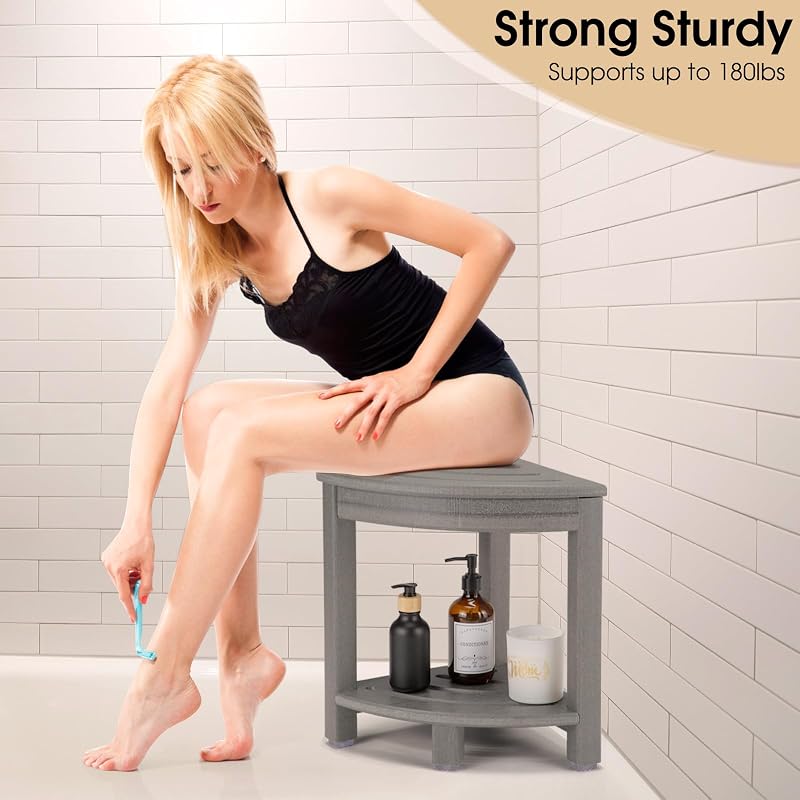 Corner Shower Stool with Storage Shelf, HDPE Shower Bench Grey
