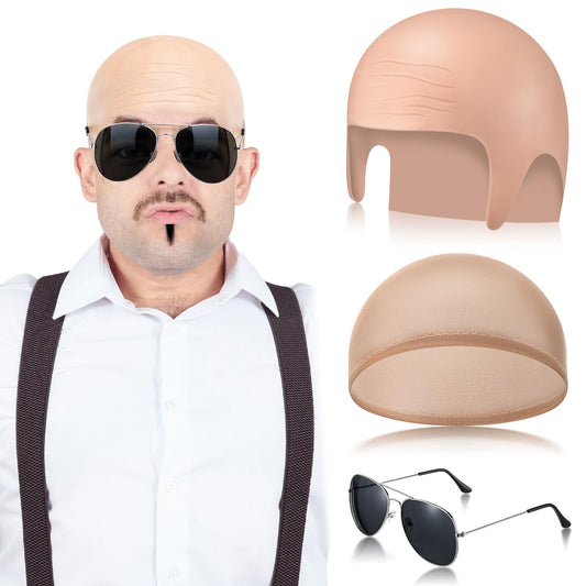 Mepase 1 Set Bald Caps with 1 Pair Glasses for Adults Men Nylon Bald Head Wig Cap Can Be Cut for Halloween Music Festivals Concerts Rap Star Party Cosplay(12.2 x 8.6 Inch)