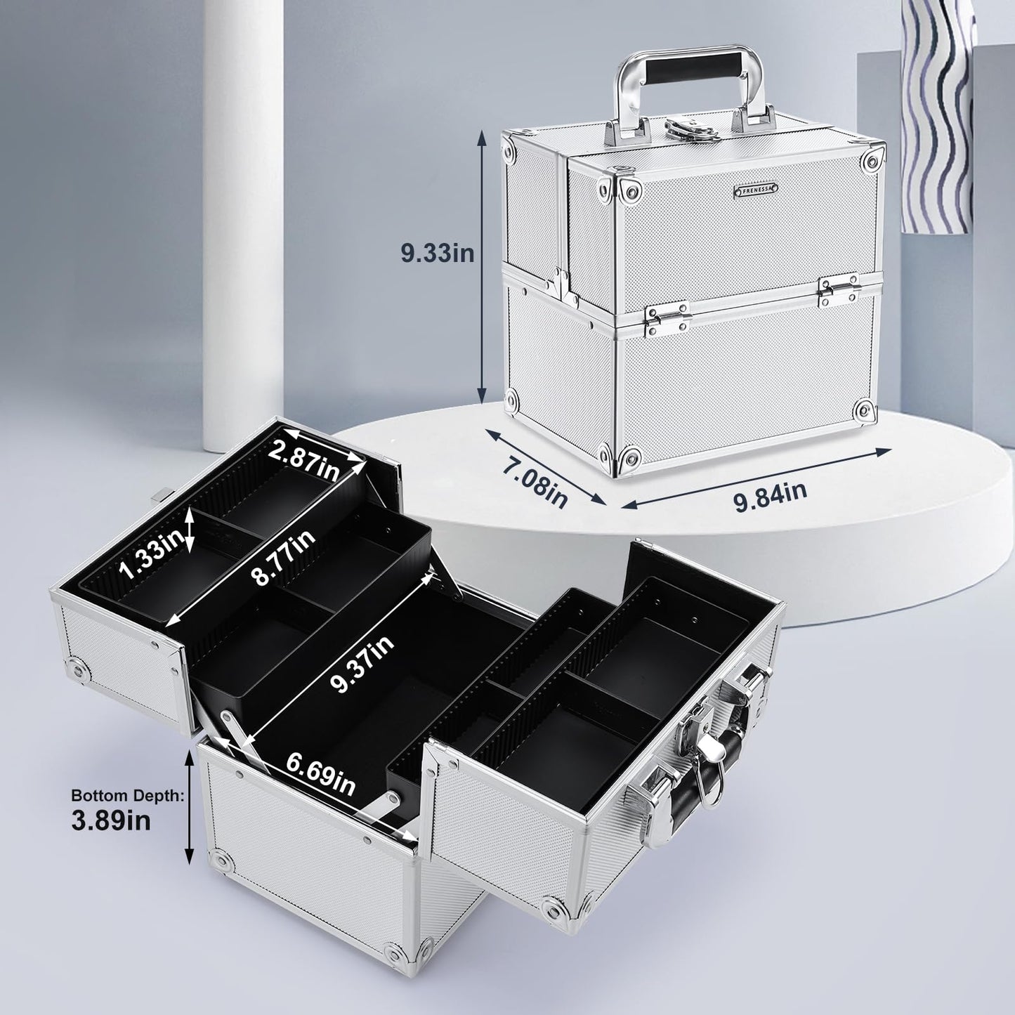 FRENESSA Makeup Train Case Makeup Organizer Box Portable Cosmetic Travel Case with Lock 4 Trays Aluminum Hard Vanity Box Make Up Artist Nail Beauty Storage Organizer Cosmetic Suitcase Bright Silver