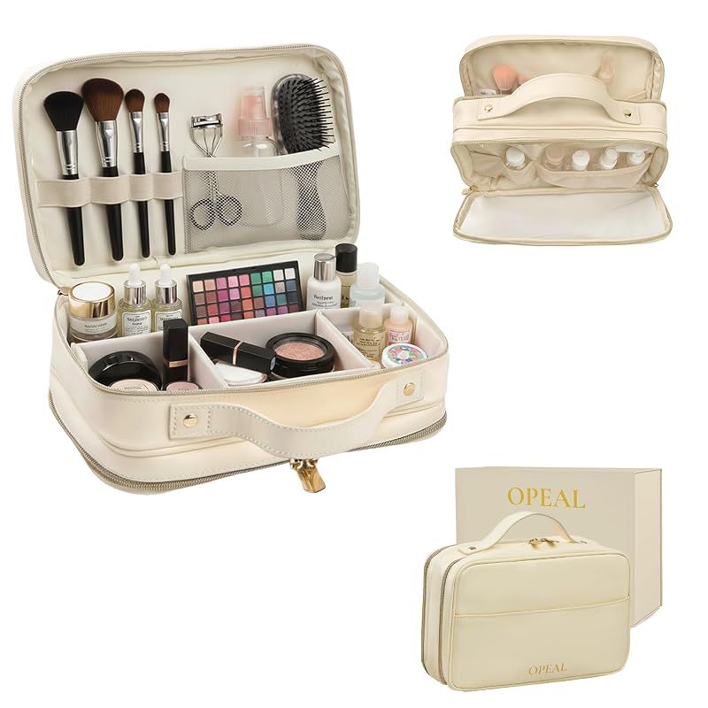 2-in-1 Travel Makeup & Toiletry Organizer with Clear TSA Window - Vegan Leather, Repositionable Compartments, Gift Box - Carry-On Friendly – Cream Beige
