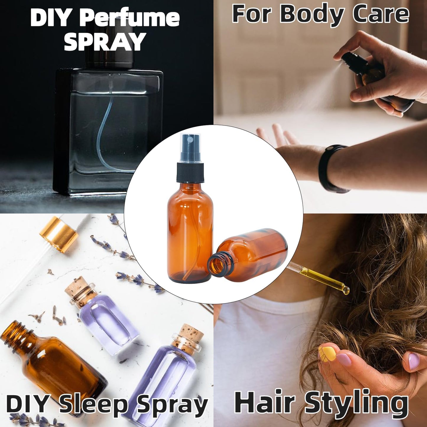 Zkupanx 4 PACK 2 oz Amber Small Glass Spray Bottles, Empty Spray Bottle for Hair, Plants, Perfume - Fine Mist, 2oz Mini Spray Bottle