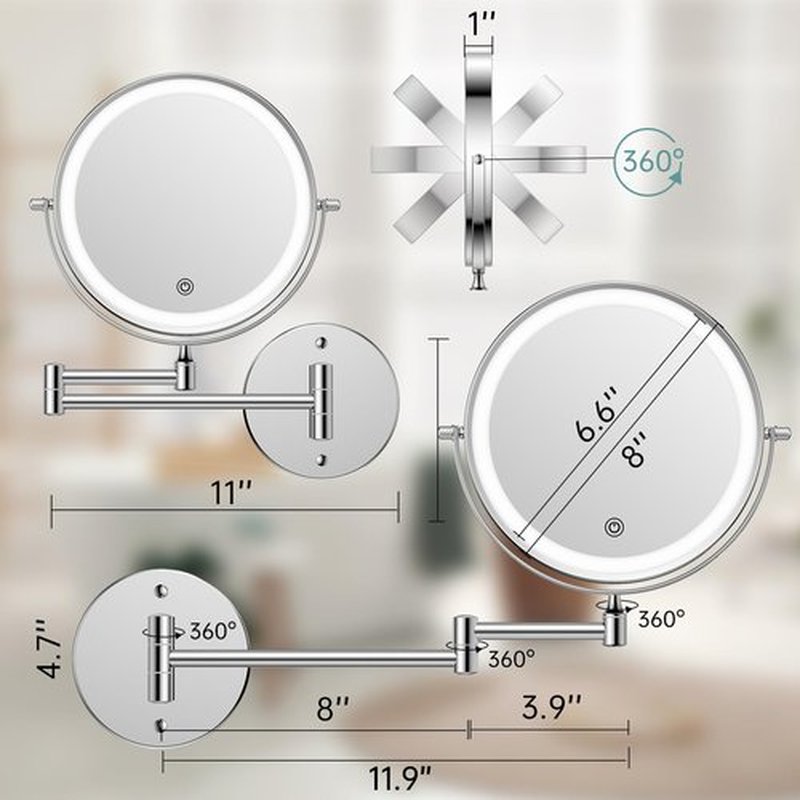 FUNTOUCH Rechargeable Wall Mounted Makeup Mirror with Lights, 1X10X Wall Mount Lighted Magnifying Mirror,Double Sided Wall Mirror for Bathroom,3 Color Lights,Touch Dimmable, Extended Arm 360 Rotation