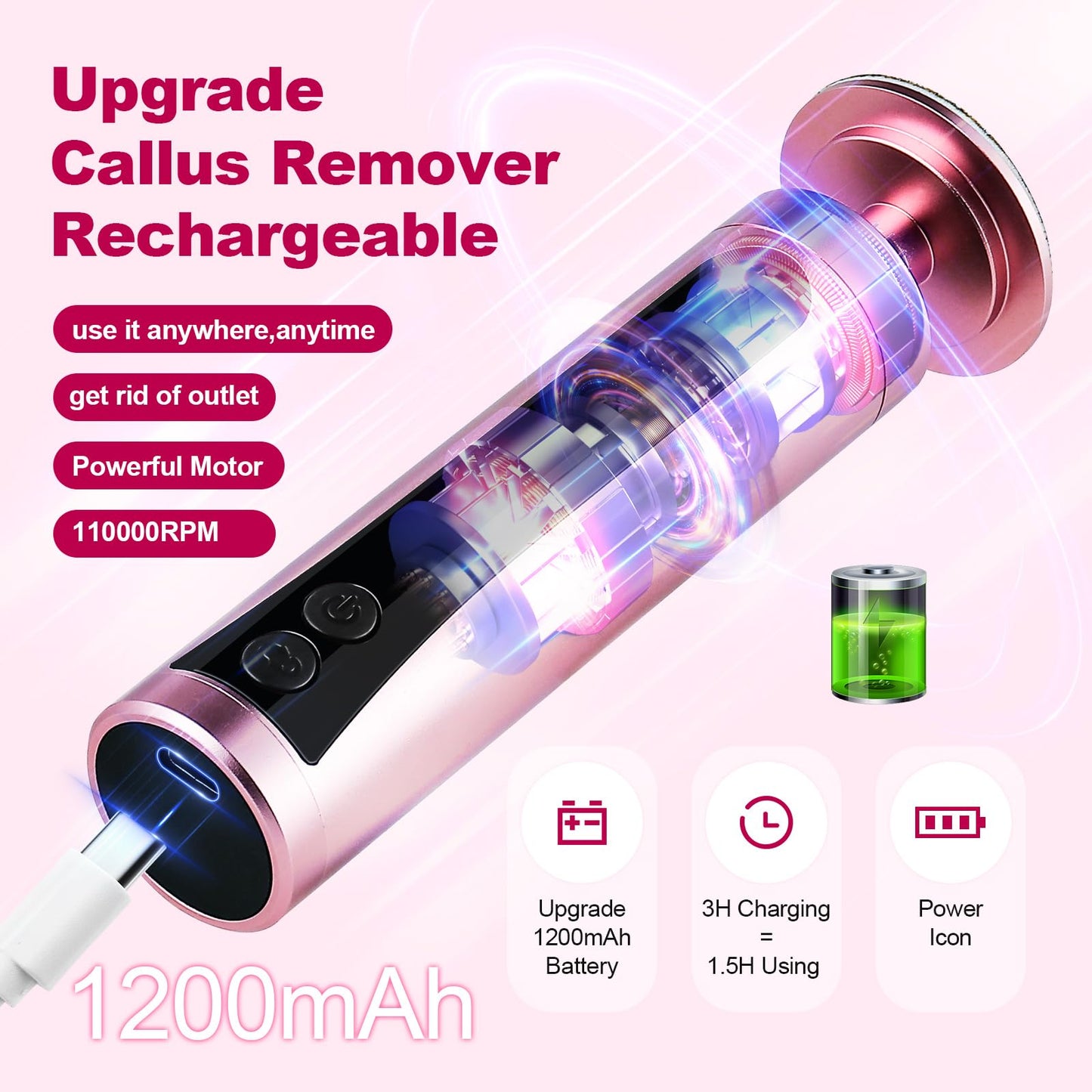 Rechargeable Callus Remover for Feet Electric 2-in-1 Pedicure Tools Foot File Grinder LCD Display 9 Adjustable Speeds 2 Sanding Heads 30 Sanding Paper