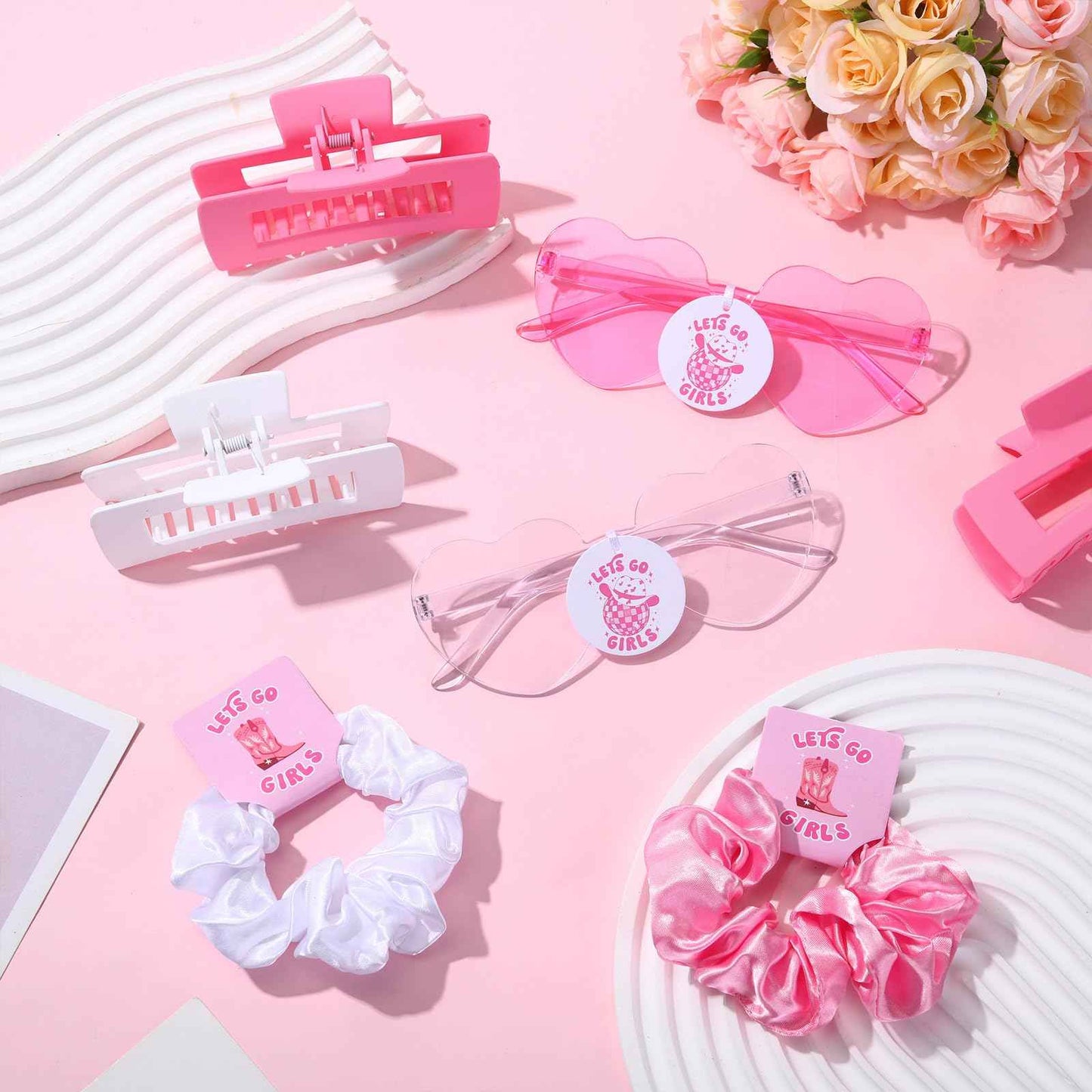 Hoteam 24 Pcs Let's Go Girls Cowgirl Bachelorette Party Favors Decorations Include Satin Scrunchies Heart Sunglasses Hair Claw Clips for Wedding Bridal Shower Party(Pink)