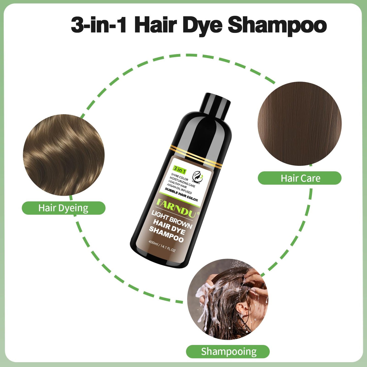 FARNDU Light Brown Hair Dye Shampoo 3 in 1 with Argan Oil – 10-15 Min Gray Coverage, Natural Instant Hair Color Shampoo for Women and Men, Long-Lasting Up to 6 Months