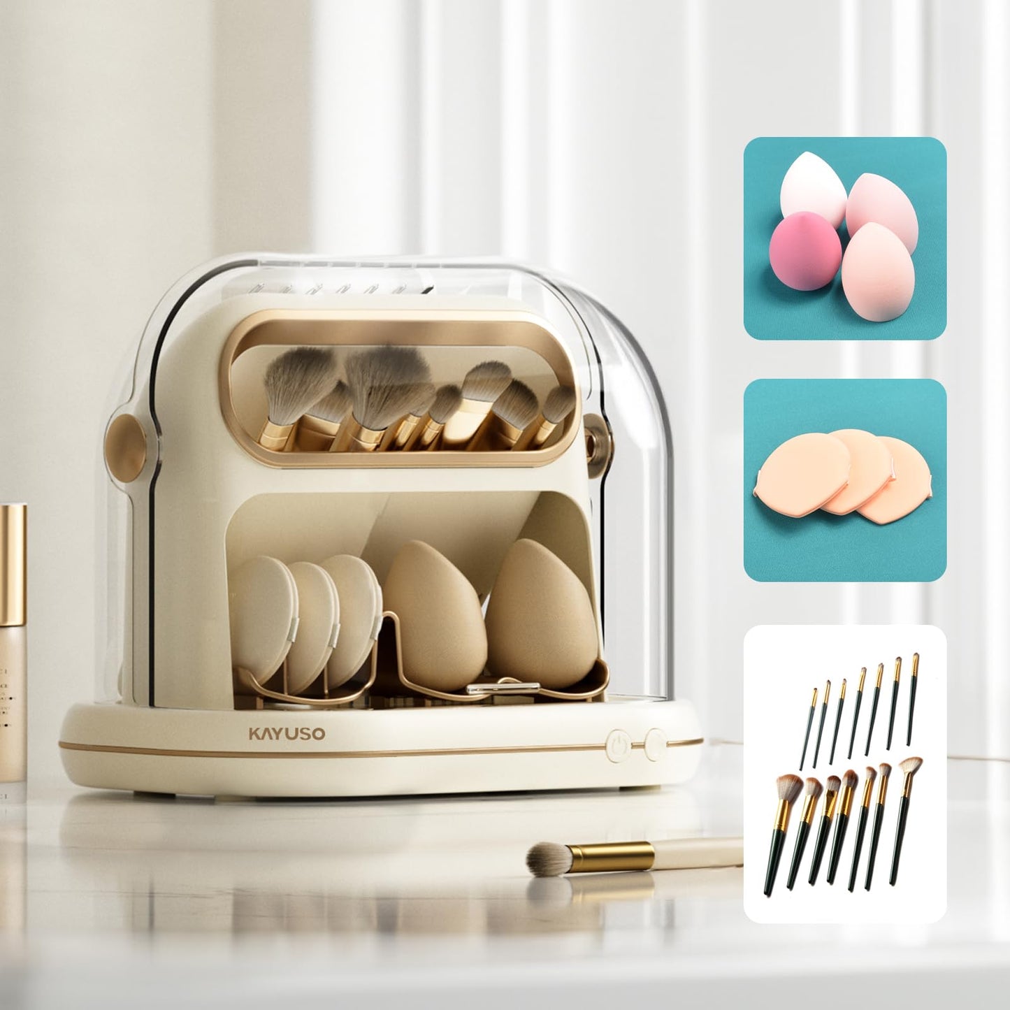 KAYUSO Electric Makeup Brush Dryer Machine, 3 in 1 Automatic Makeup Brush Dryer and Storage with Cover, Timed Cleaning Tool for Most Size Brushes and Sponges
